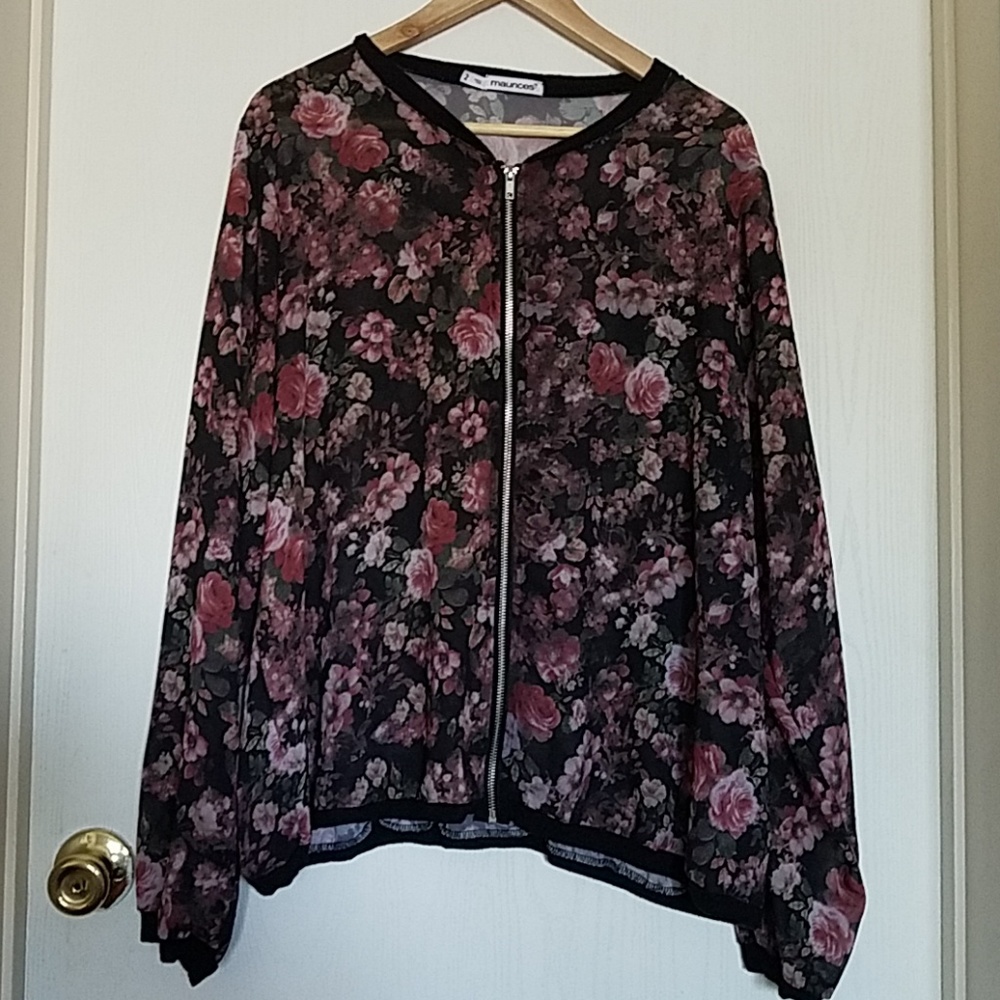 Maurices sheer floral zipper cardigan.
